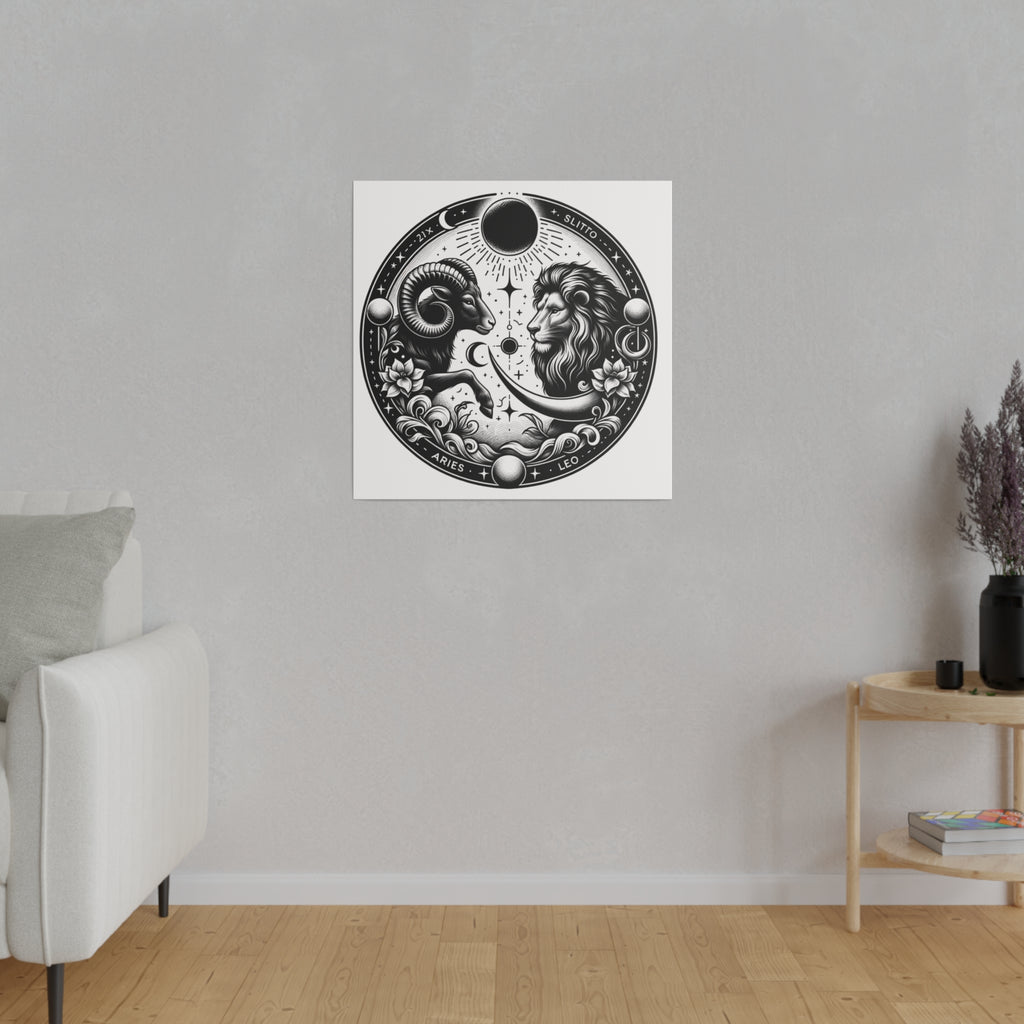 Zodiac Harmony Aries and Leo Black and White Art Matte Canvas Print - Stretched 0.75 Inch