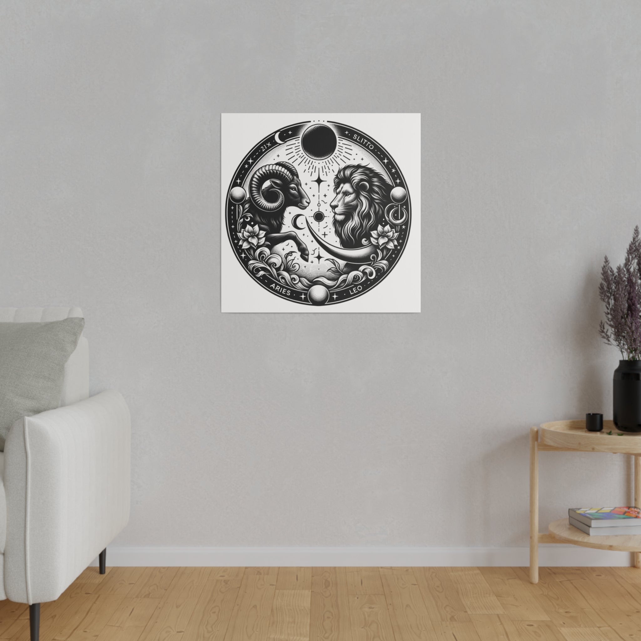 Zodiac Harmony Aries and Leo Black and White Art Matte Canvas Print - Stretched 0.75 Inch