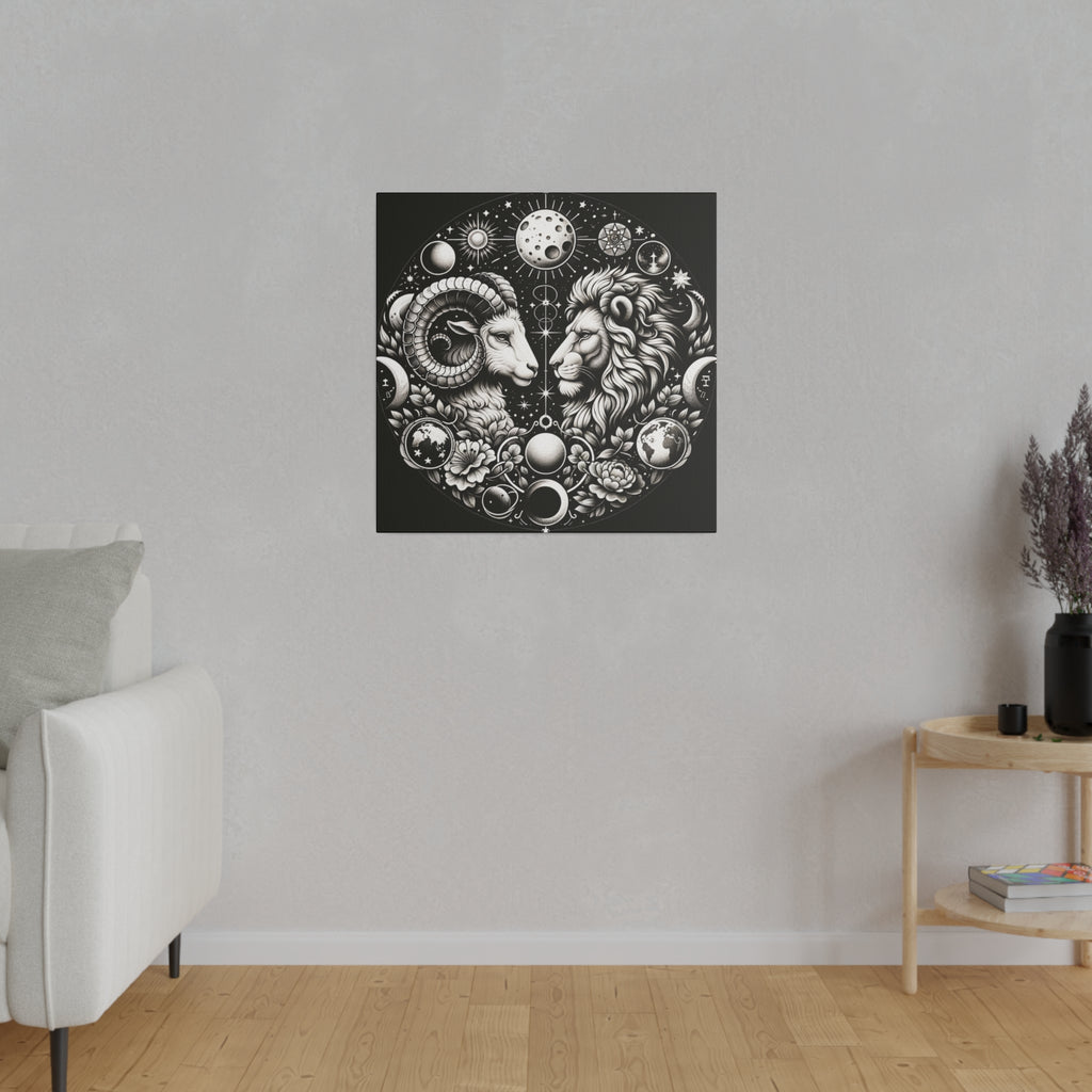 Celestial Zodiac Aries and Leo Black and White Artwork on Matte Canvas, Stretched 0.75 Inch