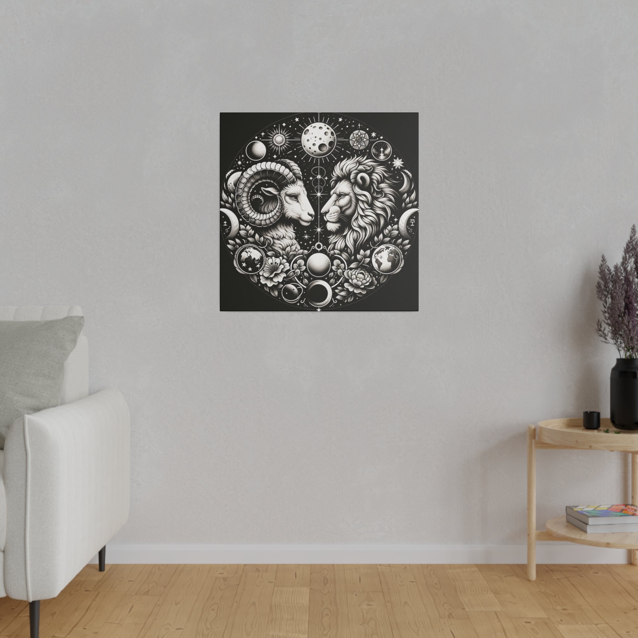 Celestial Zodiac Aries and Leo Black and White Artwork on Matte Canvas, Stretched 0.75 Inch