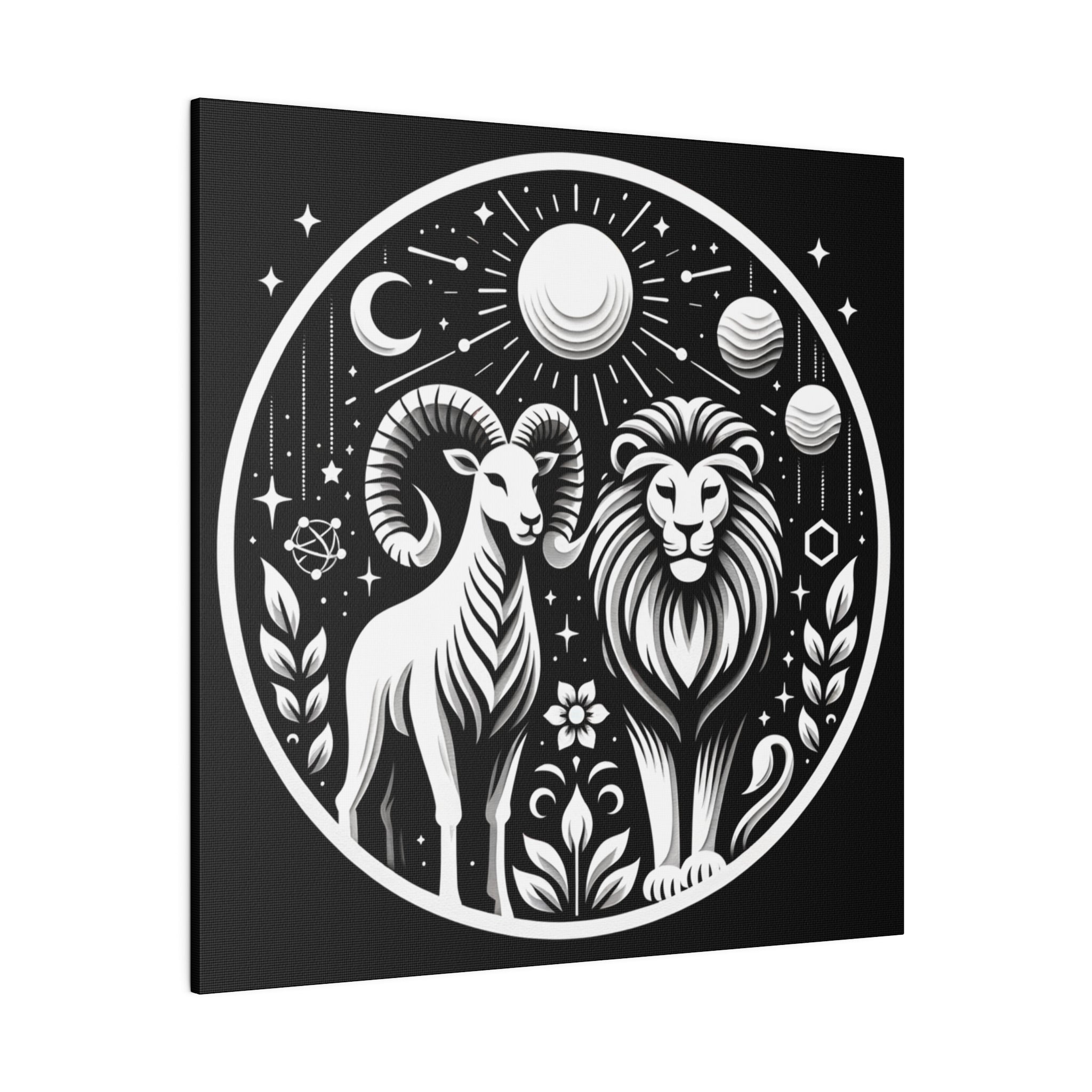 Celestial Zodiac Aries and Leo Black and White Art Matte Canvas Print