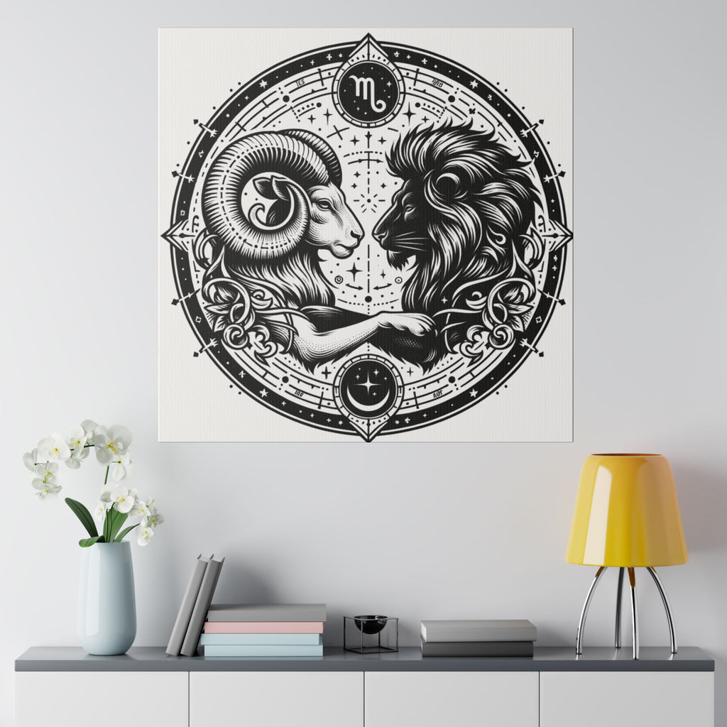 Astrological Aries and Leo Black and White Artwork on Matte Canvas