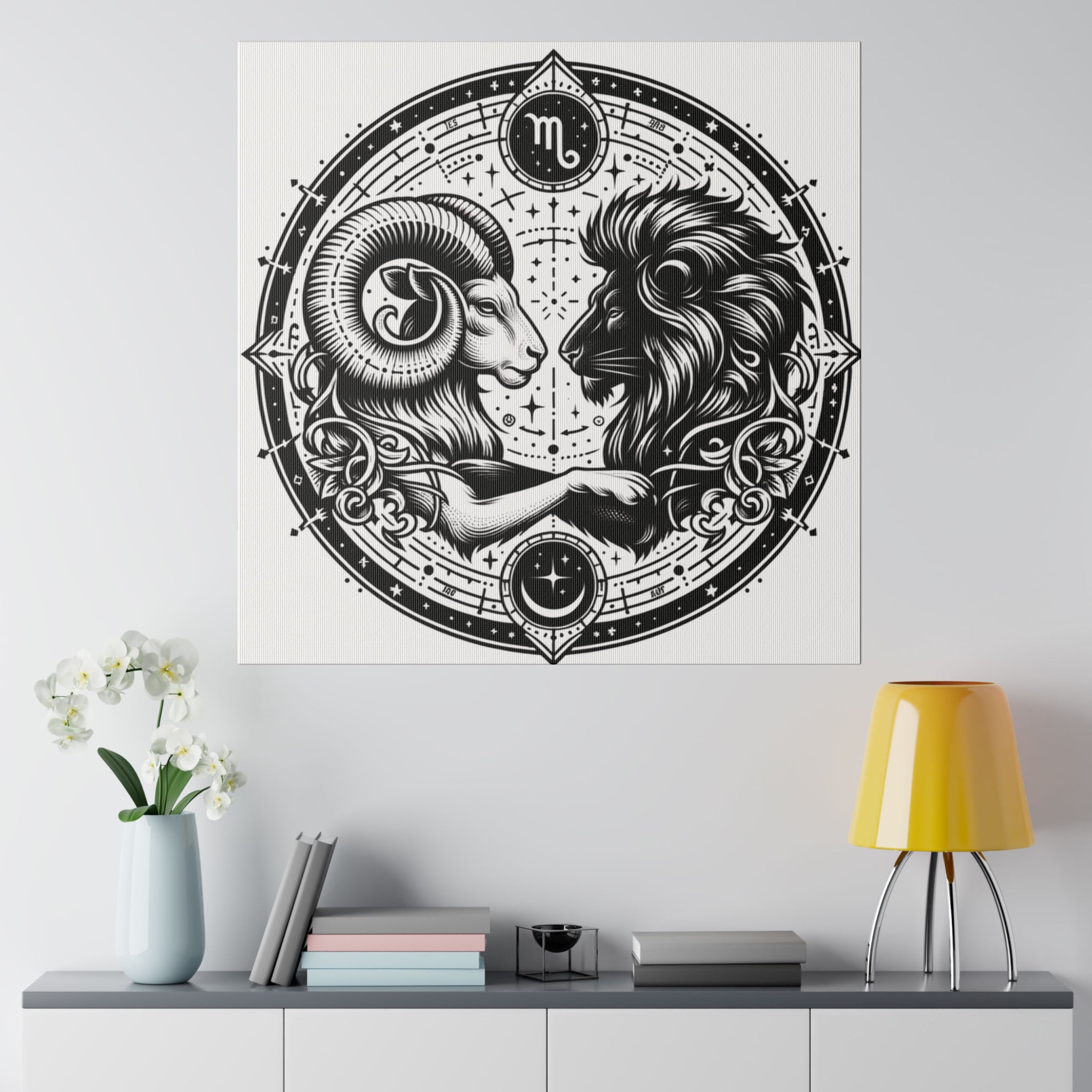 Astrological Aries and Leo Black and White Artwork on Matte Canvas