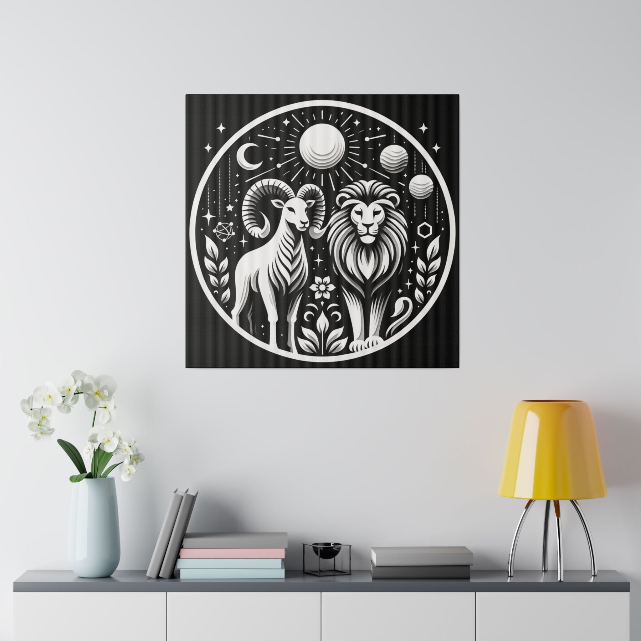 Celestial Zodiac Aries and Leo Black and White Art Matte Canvas Print