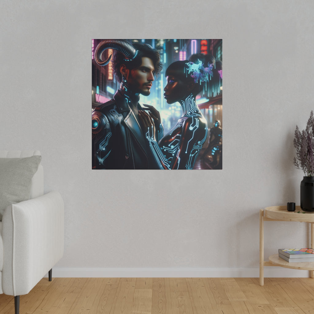 Cybernetic Embrace - Neon Fantasy Art Matte Canvas Print, Stretched 0.75 Inch