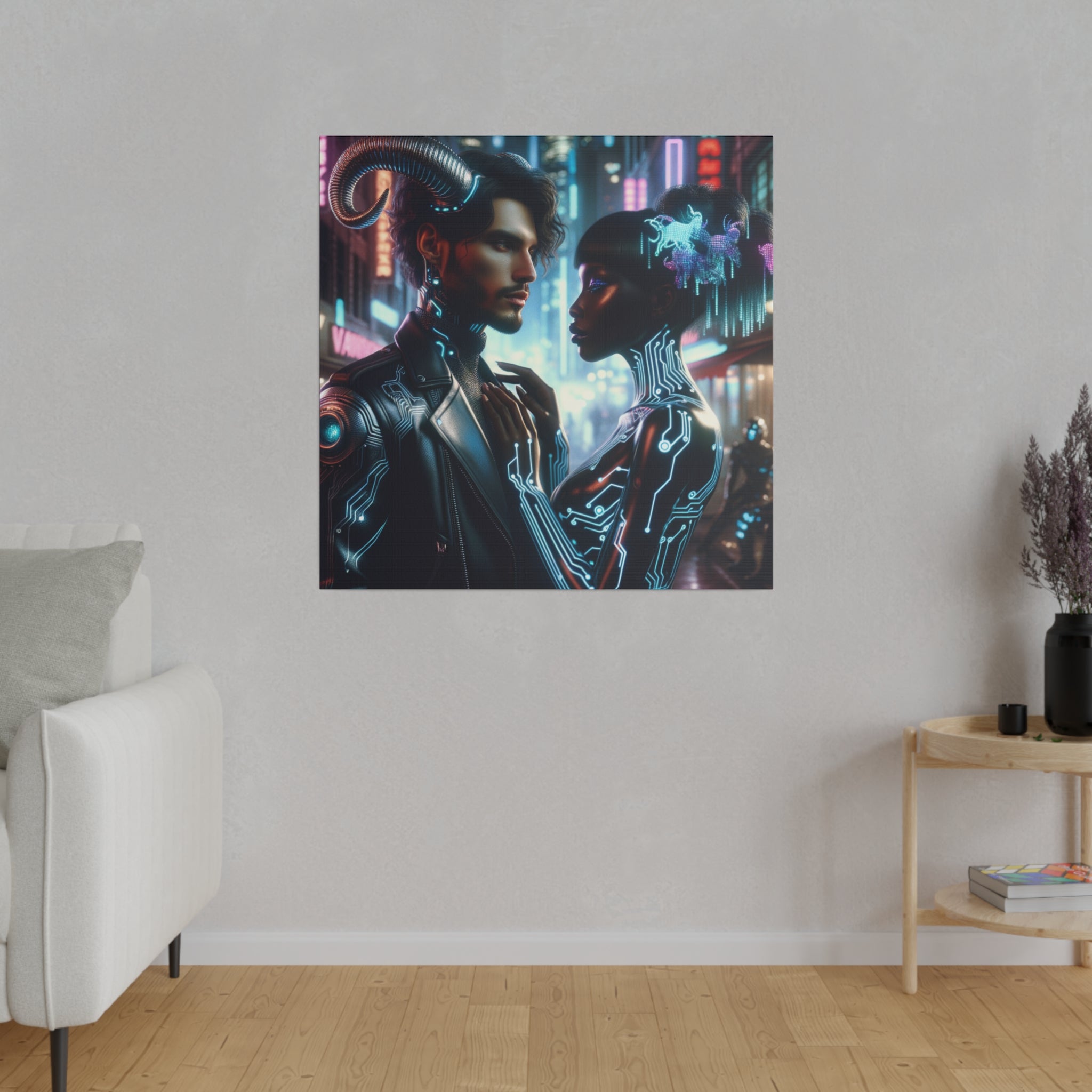 Cybernetic Embrace - Neon Fantasy Art Matte Canvas Print, Stretched 0.75 Inch