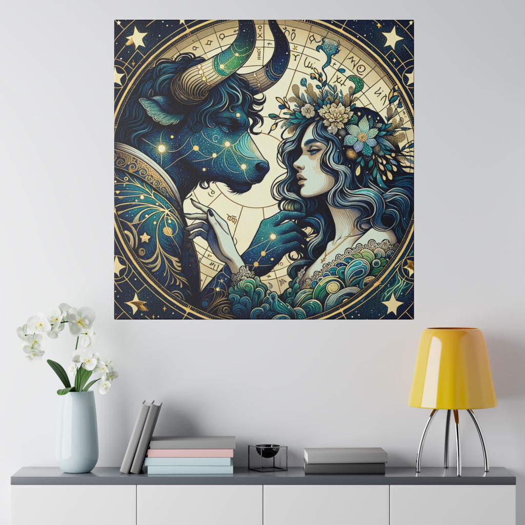 Celestial Zodiac Taurus and Woman Artwork Matte Canvas Print - Stretched 0.75 Inch Frame