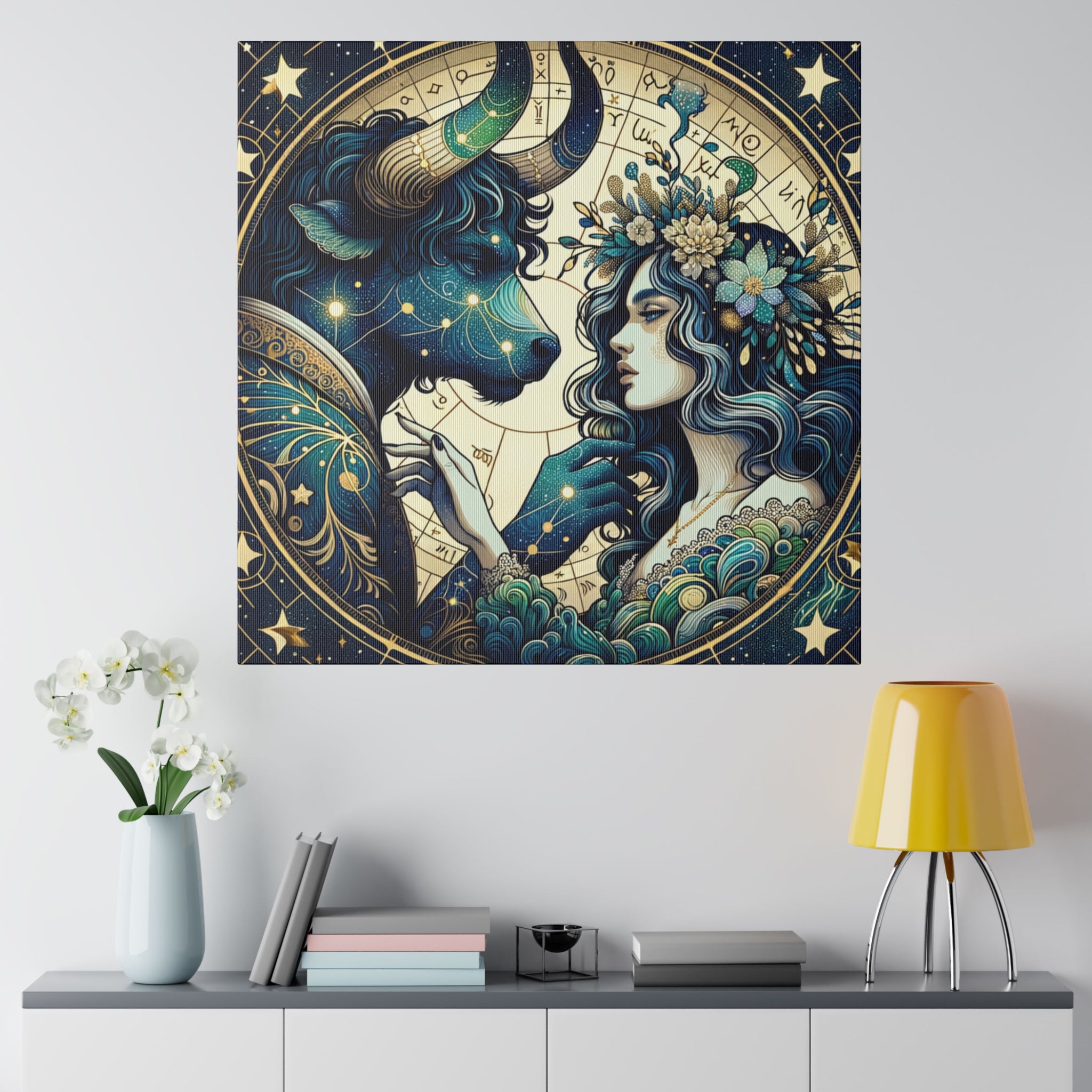 Celestial Zodiac Taurus and Woman Artwork Matte Canvas Print - Stretched 0.75 Inch Frame