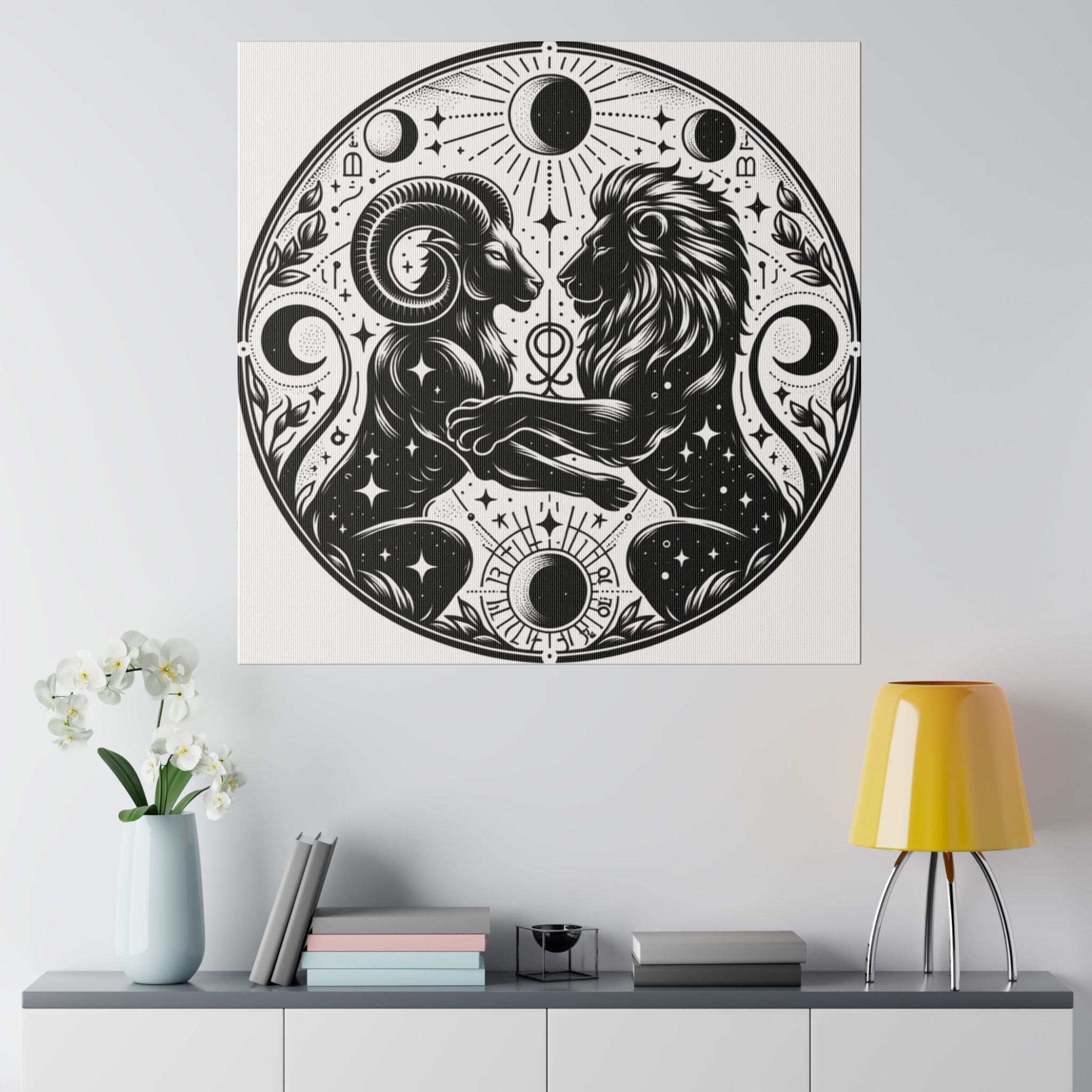 Celestial Harmony Aries and Leo Zodiac Matte Canvas Art