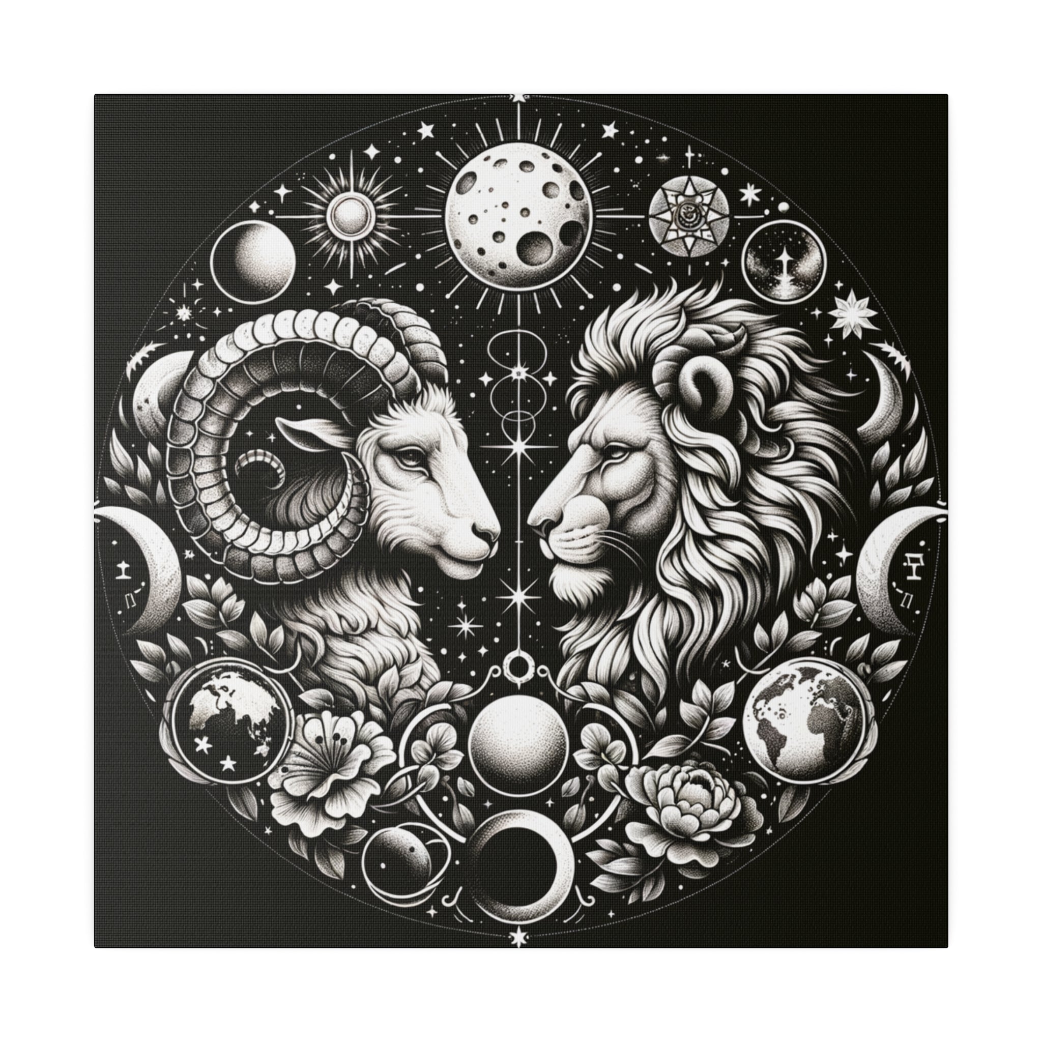 Celestial Zodiac Aries and Leo Black and White Artwork on Matte Canvas, Stretched 0.75 Inch