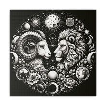 Load image into Gallery viewer, Celestial Zodiac Aries and Leo Black and White Artwork on Matte Canvas, Stretched 0.75 Inch
