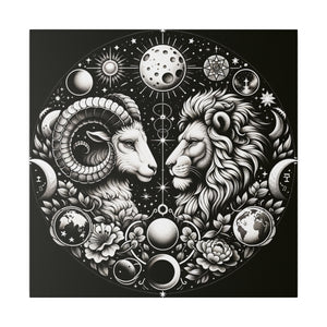 Celestial Zodiac Aries and Leo Black and White Artwork on Matte Canvas, Stretched 0.75 Inch