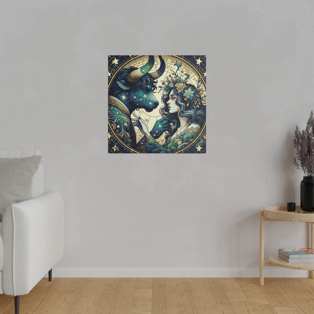 Celestial Zodiac Taurus and Woman Artwork Matte Canvas Print - Stretched 0.75 Inch Frame