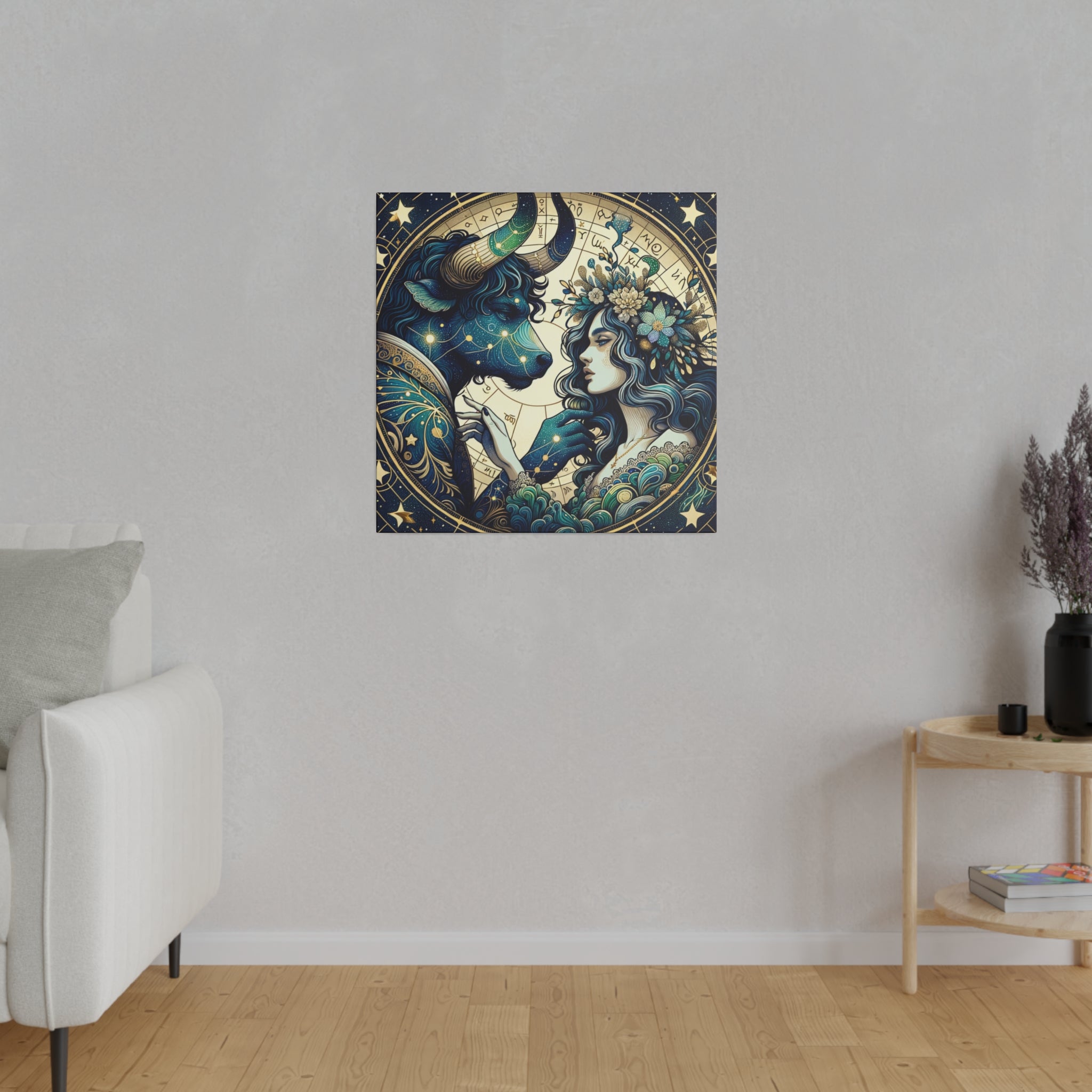 Celestial Zodiac Taurus and Woman Artwork Matte Canvas Print - Stretched 0.75 Inch Frame