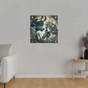 Celestial Zodiac Taurus and Woman Artwork Matte Canvas Print - Stretched 0.75 Inch Frame
