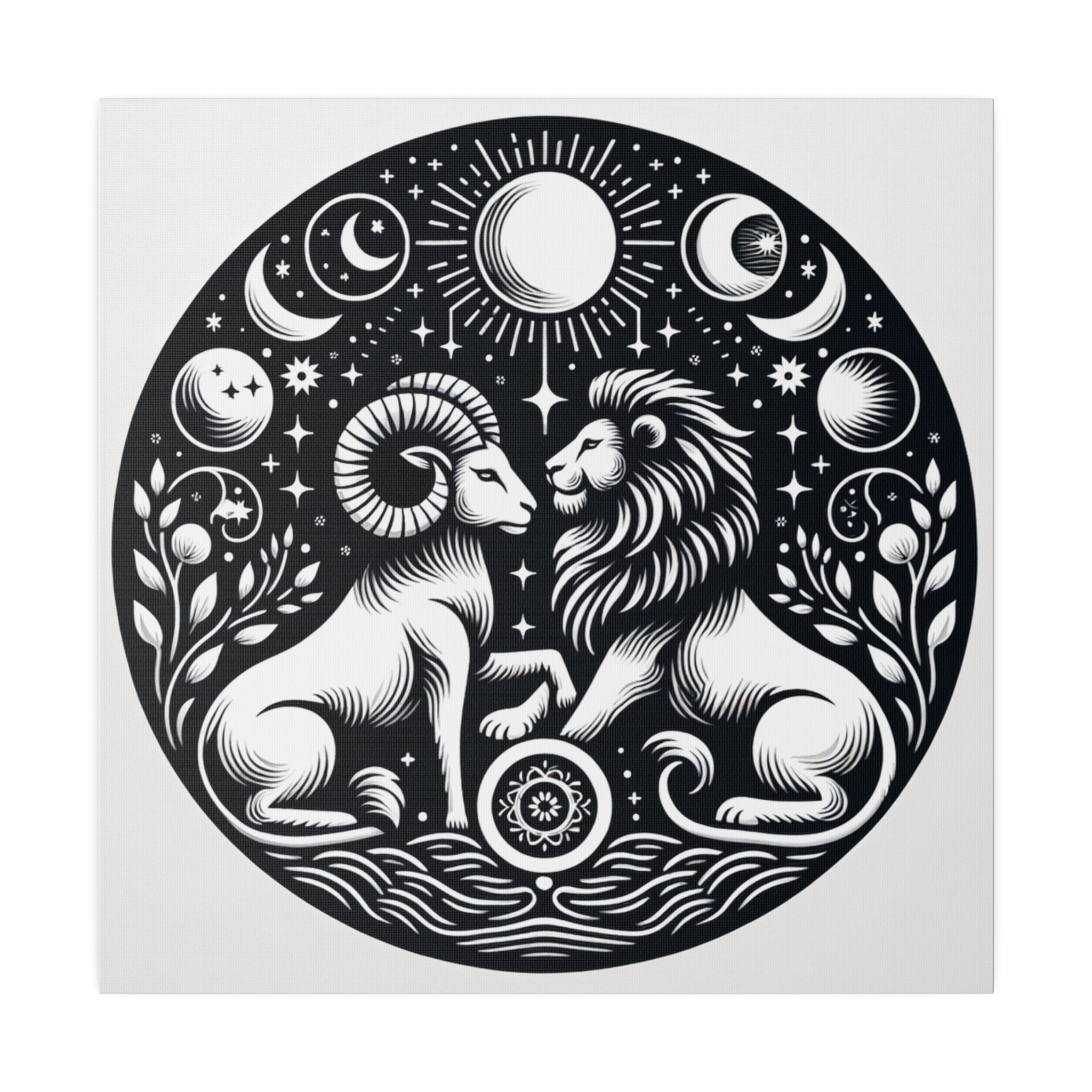 Celestial Harmony Lion and Ram Illustration Art on Matte Canvas - Stretched 0.75 Inch Frame