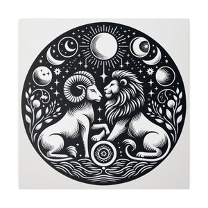 Celestial Harmony Lion and Ram Illustration Art on Matte Canvas - Stretched 0.75 Inch Frame