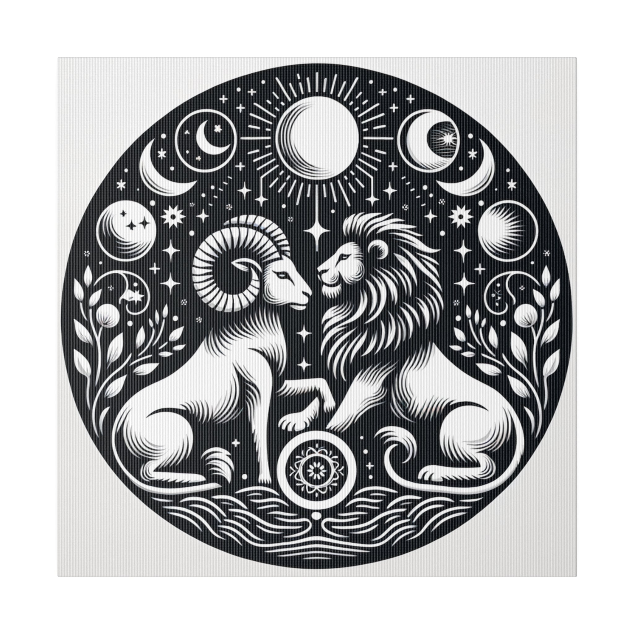 Celestial Harmony Lion and Ram Illustration Art on Matte Canvas - Stretched 0.75 Inch Frame