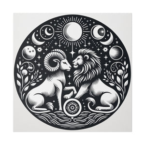 Celestial Harmony Lion and Ram Illustration Art on Matte Canvas - Stretched 0.75 Inch Frame