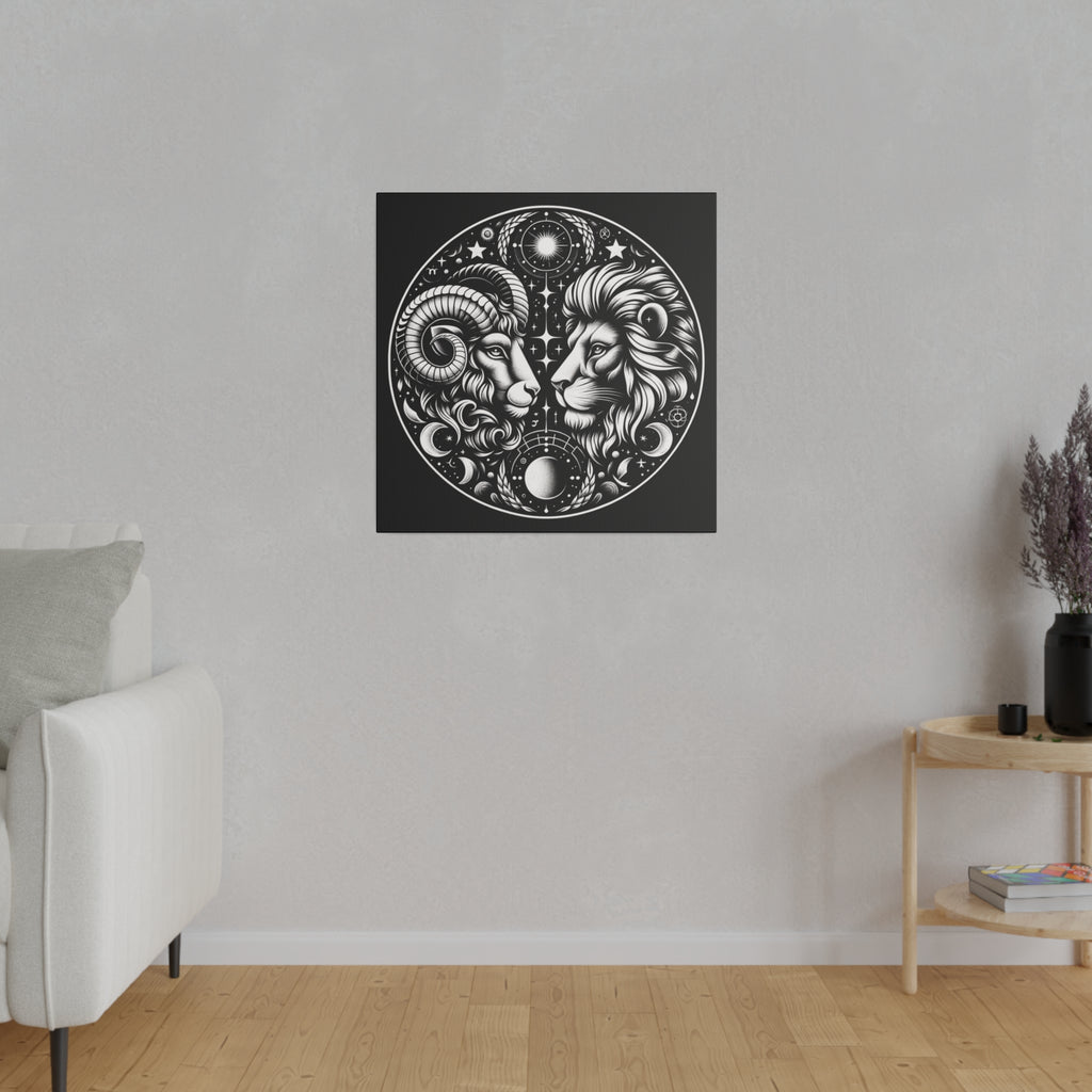 Astrological Aries and Leo Black and White Artwork on Matte Canvas, Stretched 0.75 Inch Frame