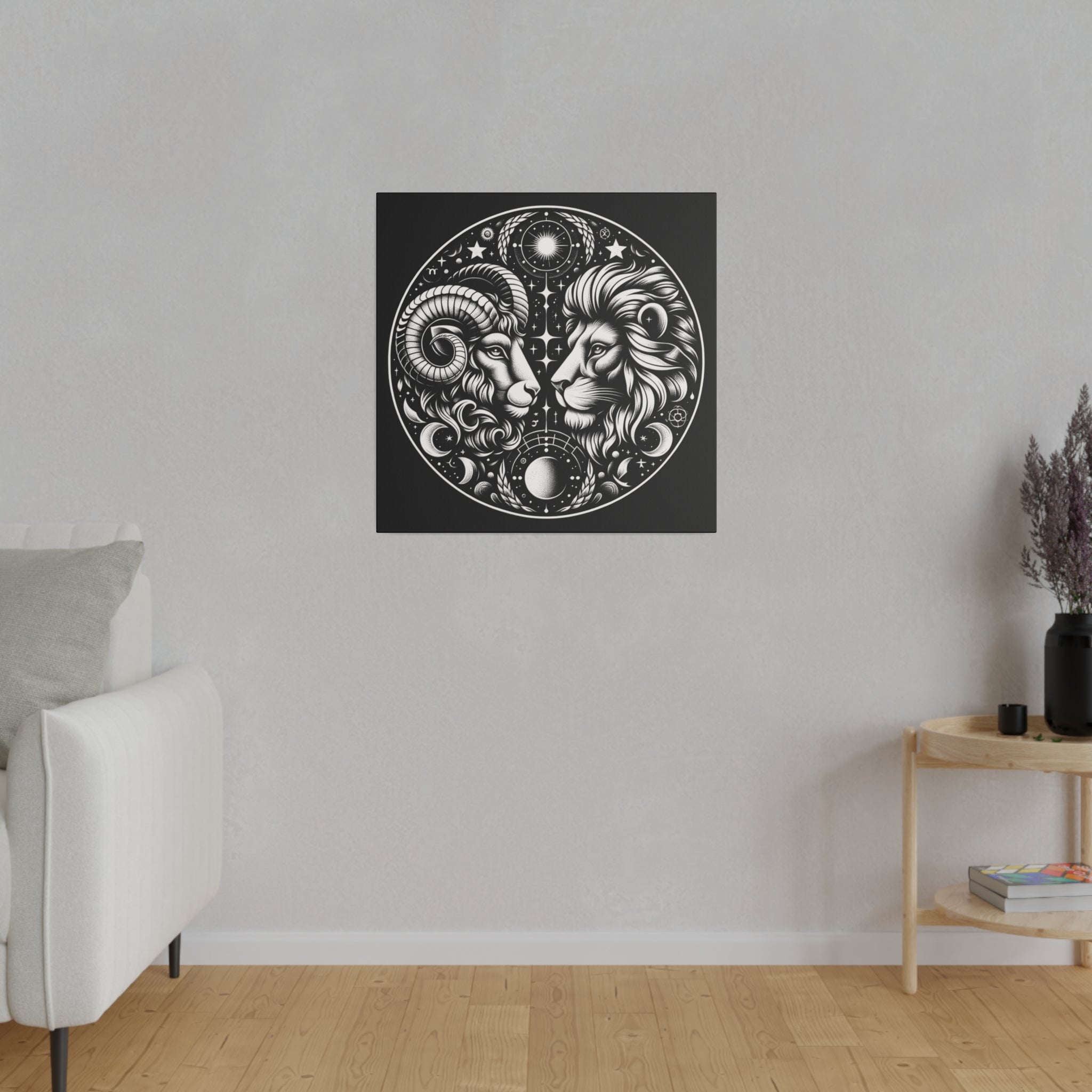 Astrological Aries and Leo Black and White Artwork on Matte Canvas, Stretched 0.75 Inch Frame