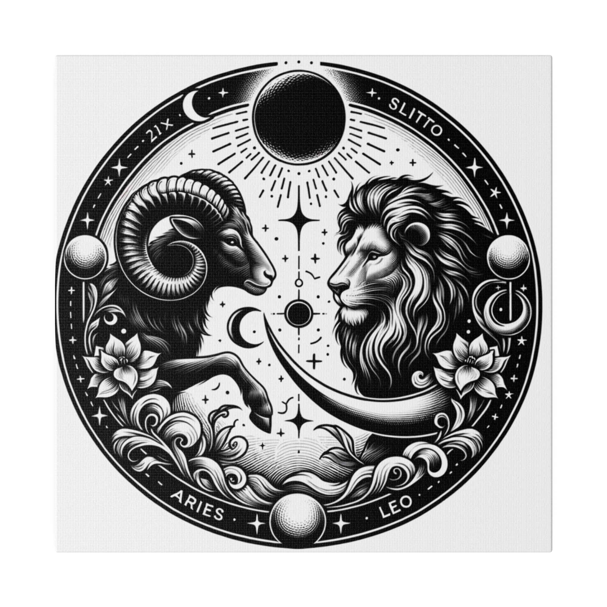 Zodiac Harmony Aries and Leo Black and White Art Matte Canvas Print - Stretched 0.75 Inch