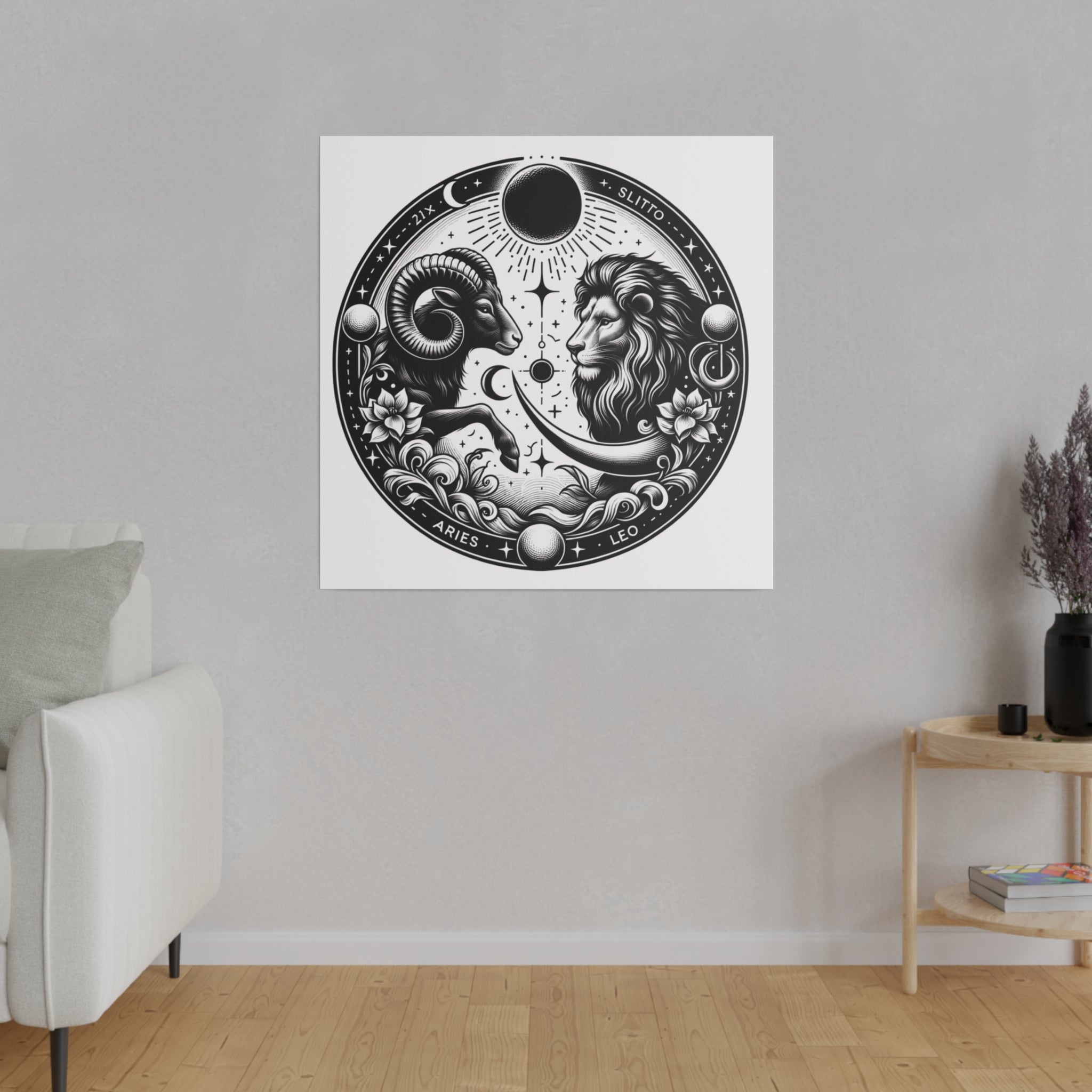 Zodiac Harmony Aries and Leo Black and White Art Matte Canvas Print - Stretched 0.75 Inch