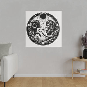 Zodiac Harmony Aries and Leo Black and White Art Matte Canvas Print - Stretched 0.75 Inch
