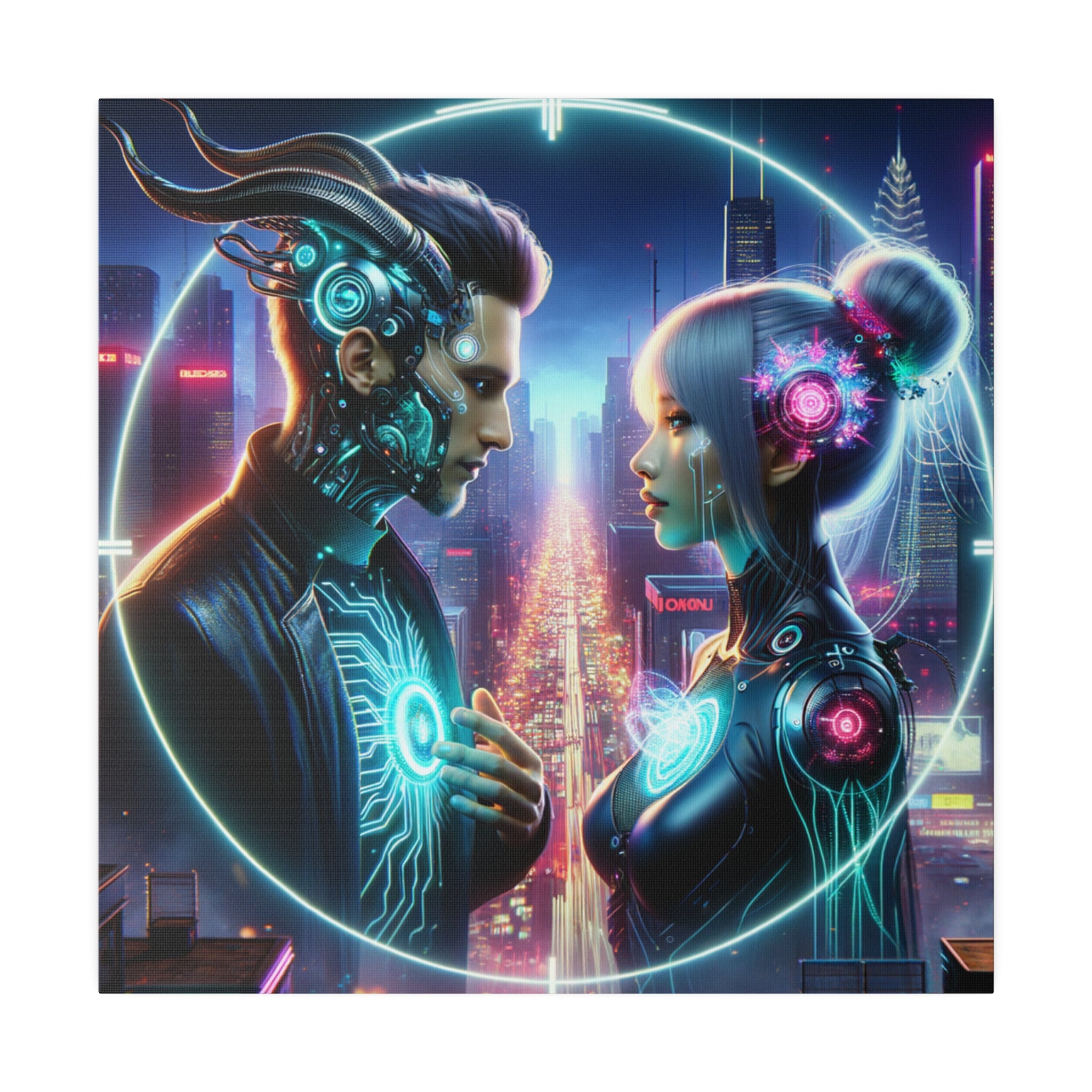 Cybernetic Encounter Matte Canvas Art - Futuristic Cityscape with Advanced Humanoids - Stretched 0.75 Inch Frame