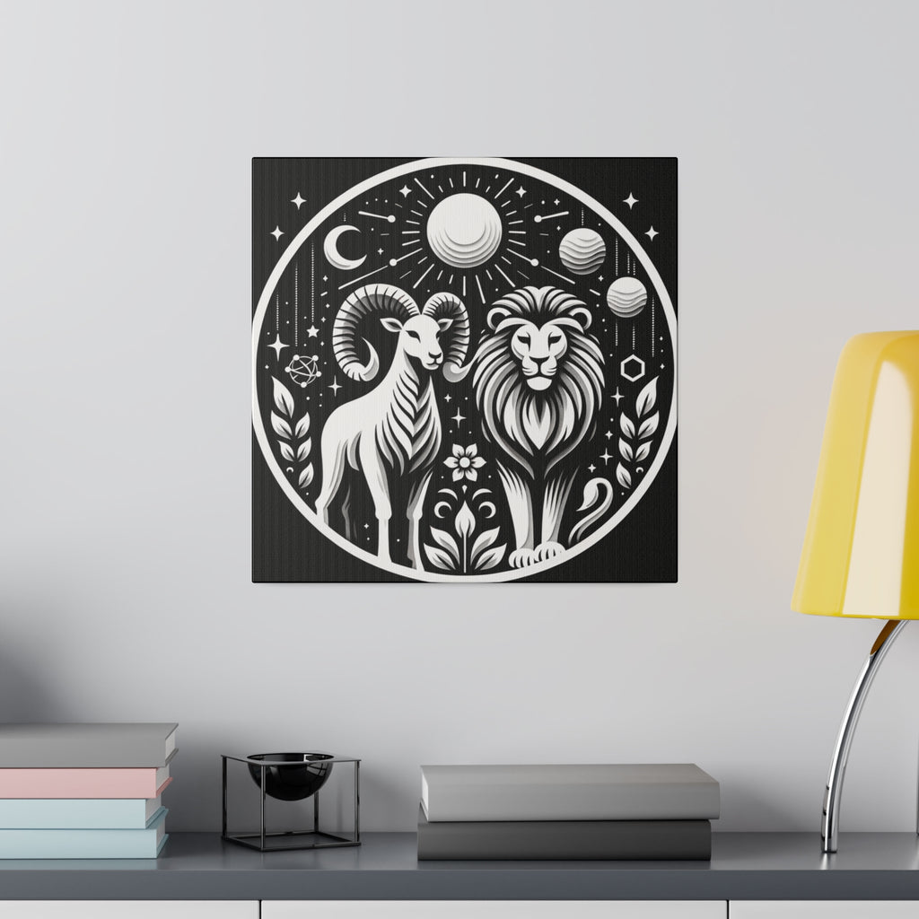 Celestial Zodiac Aries and Leo Black and White Art Matte Canvas Print