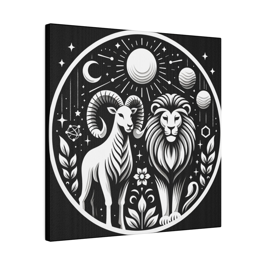 Celestial Zodiac Aries and Leo Black and White Art Matte Canvas Print