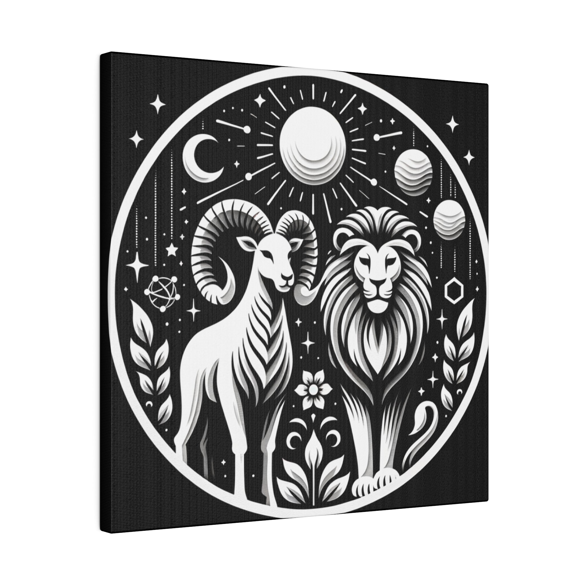 Celestial Zodiac Aries and Leo Black and White Art Matte Canvas Print