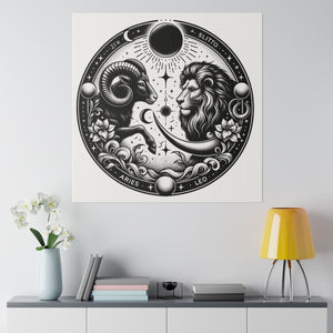 Zodiac Harmony Aries and Leo Black and White Art Matte Canvas Print - Stretched 0.75 Inch