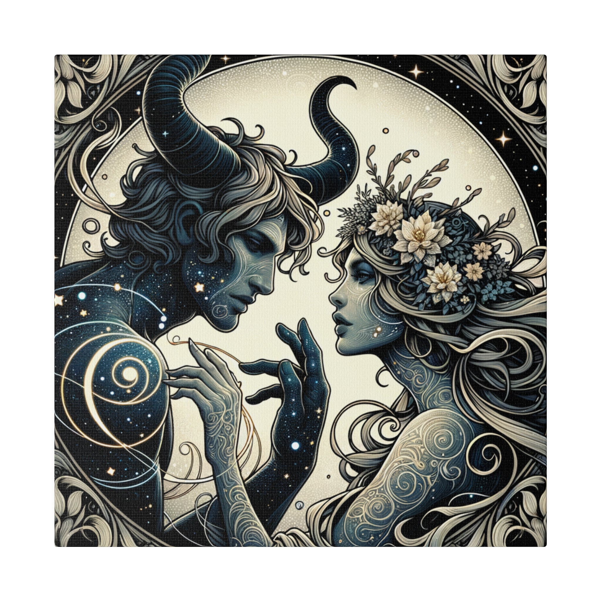 Celestial Embrace Artistic Illustration Matte Canvas Print - Stretched 0.75 Inch Frame
