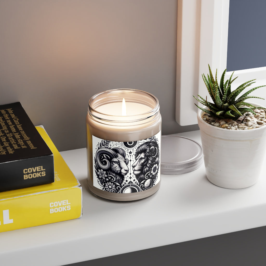 Cosmic Balance Aromatherapy Soy Candle - 9 oz Zodiac Essence with Celestial Lion and Ram Design