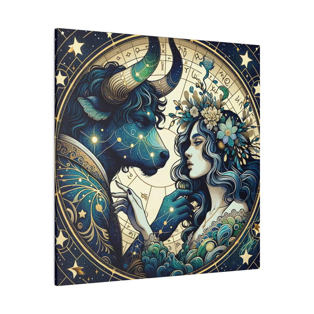 Celestial Zodiac Taurus and Woman Artwork Matte Canvas Print - Stretched 0.75 Inch Frame
