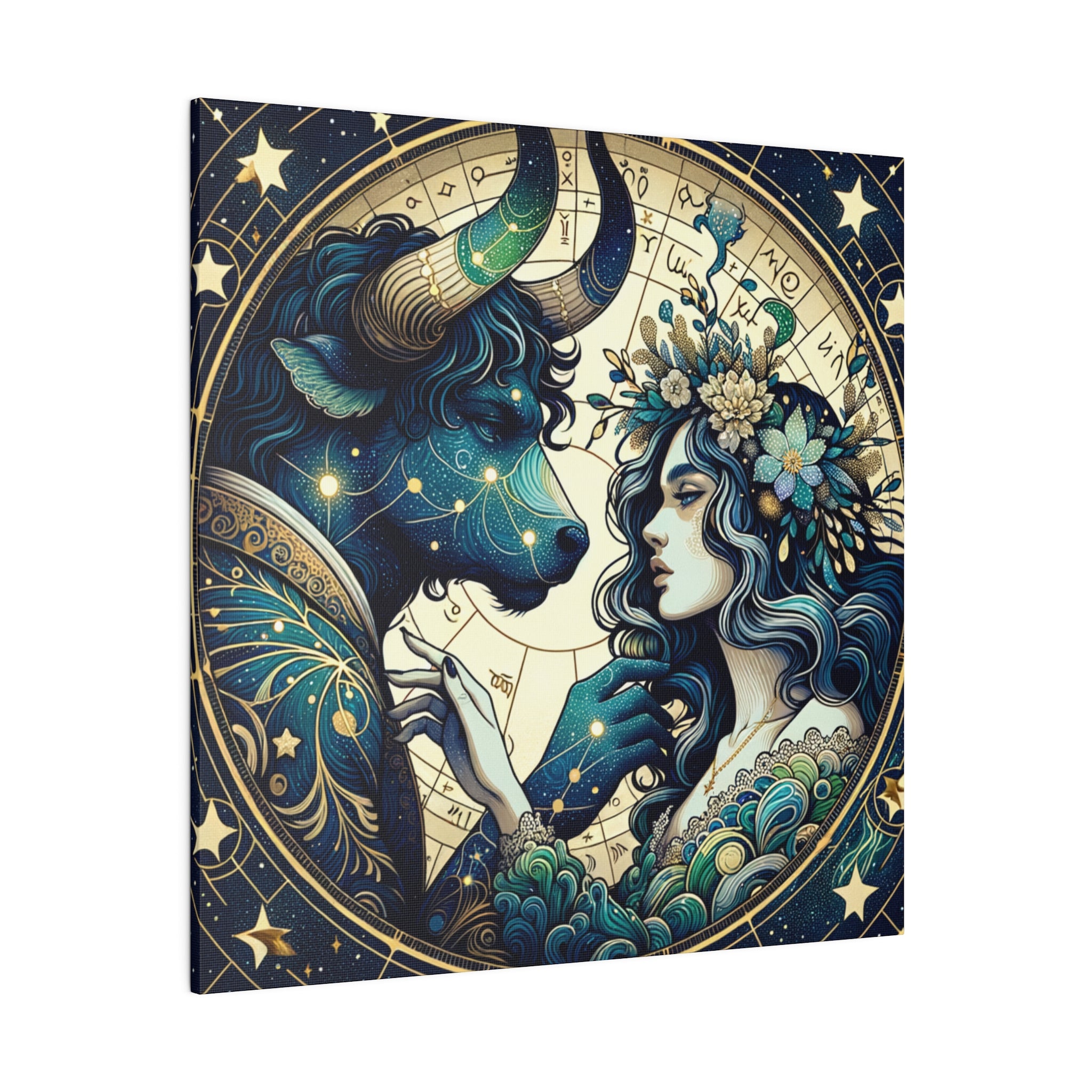 Celestial Zodiac Taurus and Woman Artwork Matte Canvas Print - Stretched 0.75 Inch Frame