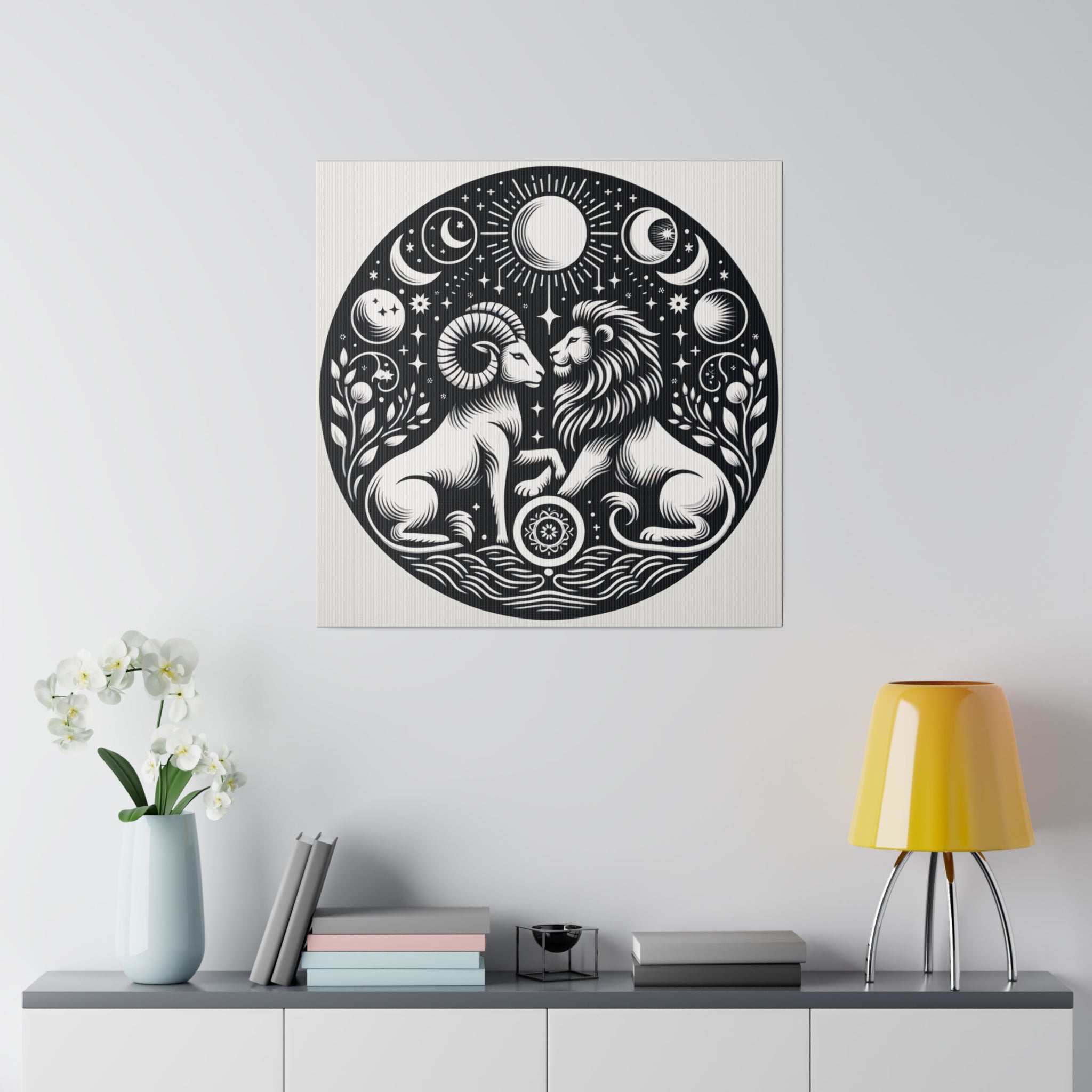 Celestial Harmony Lion and Ram Illustration Art on Matte Canvas - Stretched 0.75 Inch Frame