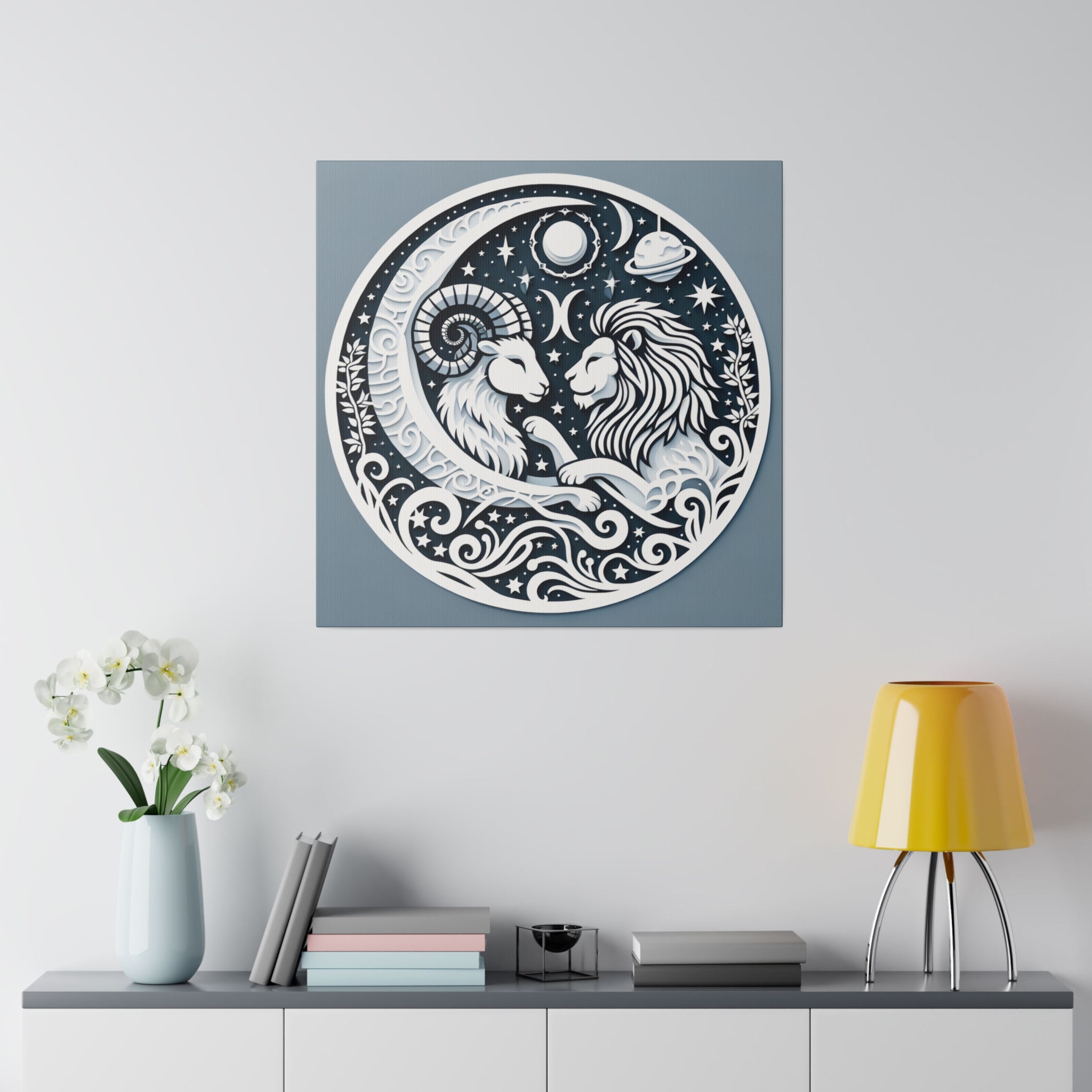 Celestial Zodiac Harmony Matte Canvas Art - Capricorn and Leo Constellation Design