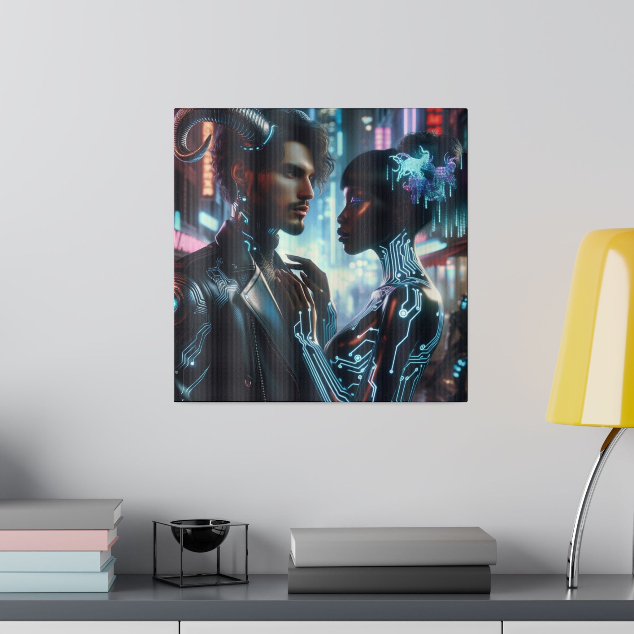 Cybernetic Embrace - Neon Fantasy Art Matte Canvas Print, Stretched 0.75 Inch