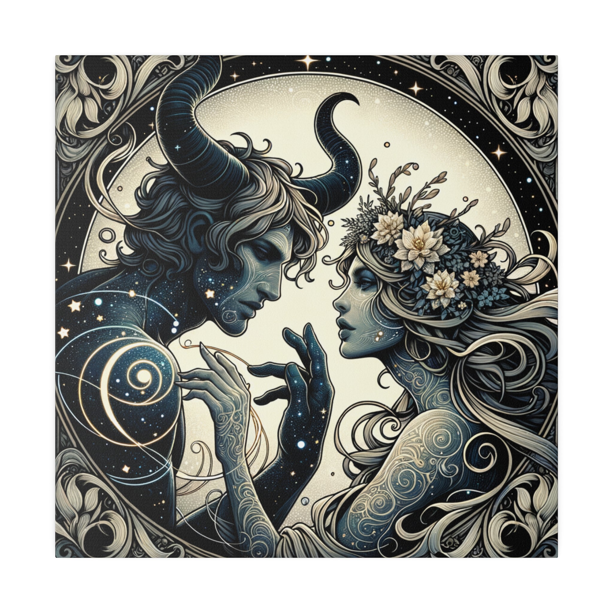 Celestial Embrace Artistic Illustration Matte Canvas Print - Stretched 0.75 Inch Frame
