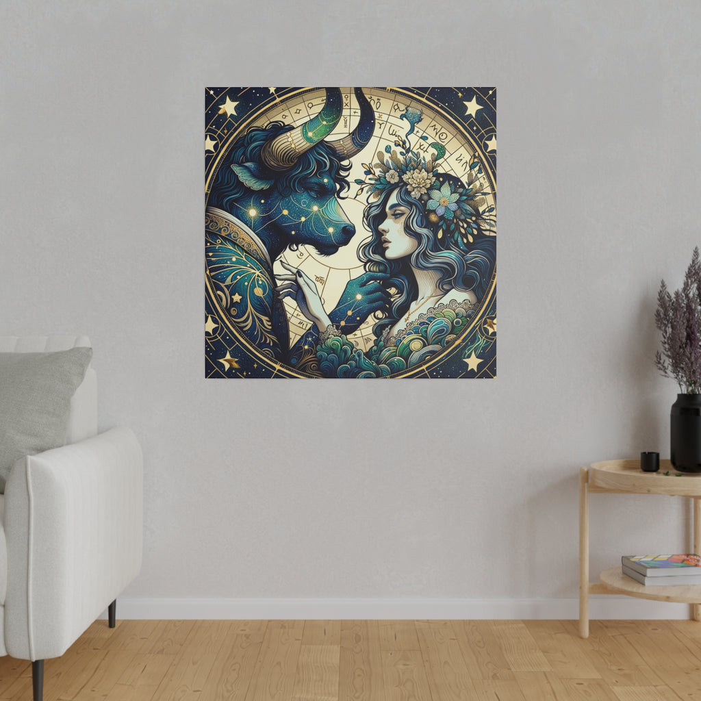 Celestial Zodiac Taurus and Woman Artwork Matte Canvas Print - Stretched 0.75 Inch Frame