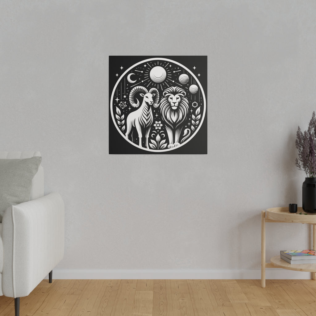 Celestial Zodiac Aries and Leo Black and White Art Matte Canvas Print