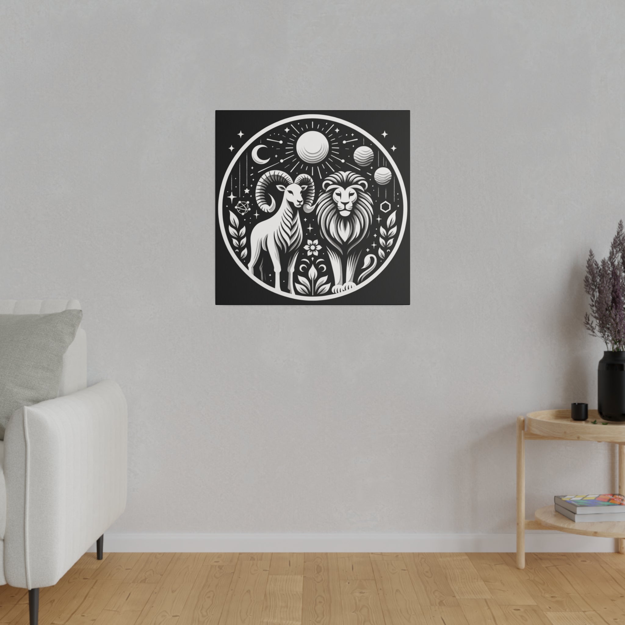 Celestial Zodiac Aries and Leo Black and White Art Matte Canvas Print