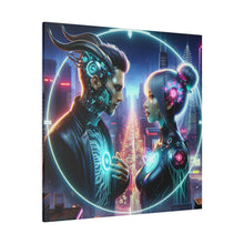 Load image into Gallery viewer, Cybernetic Encounter Matte Canvas Art - Futuristic Cityscape with Advanced Humanoids - Stretched 0.75 Inch Frame
