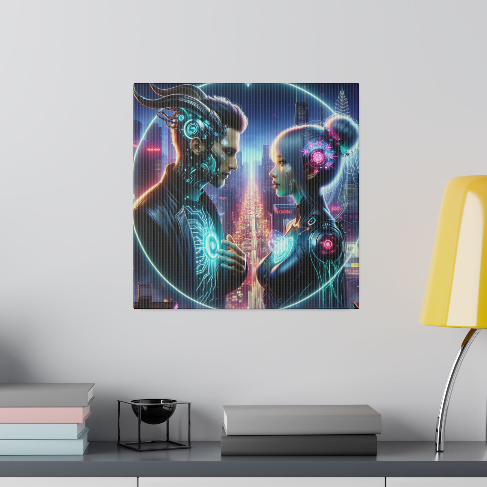 Cybernetic Encounter Matte Canvas Art - Futuristic Cityscape with Advanced Humanoids - Stretched 0.75 Inch Frame