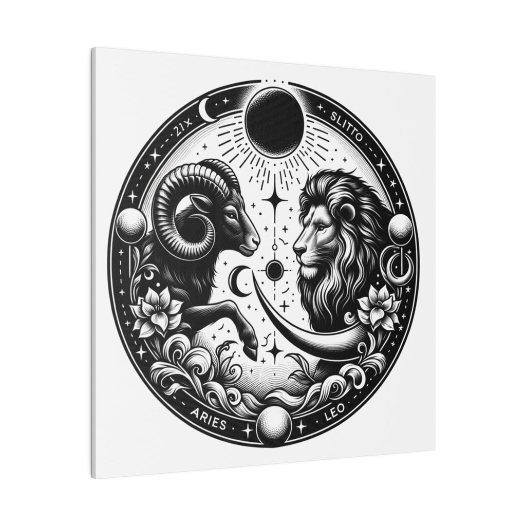 Zodiac Harmony Aries and Leo Black and White Art Matte Canvas Print - Stretched 0.75 Inch