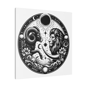 Zodiac Harmony Aries and Leo Black and White Art Matte Canvas Print - Stretched 0.75 Inch