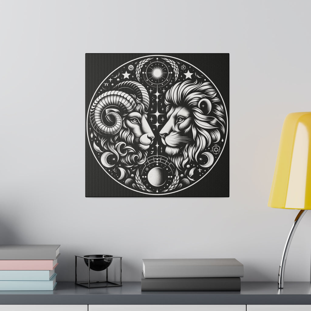 Astrological Aries and Leo Black and White Artwork on Matte Canvas, Stretched 0.75 Inch Frame
