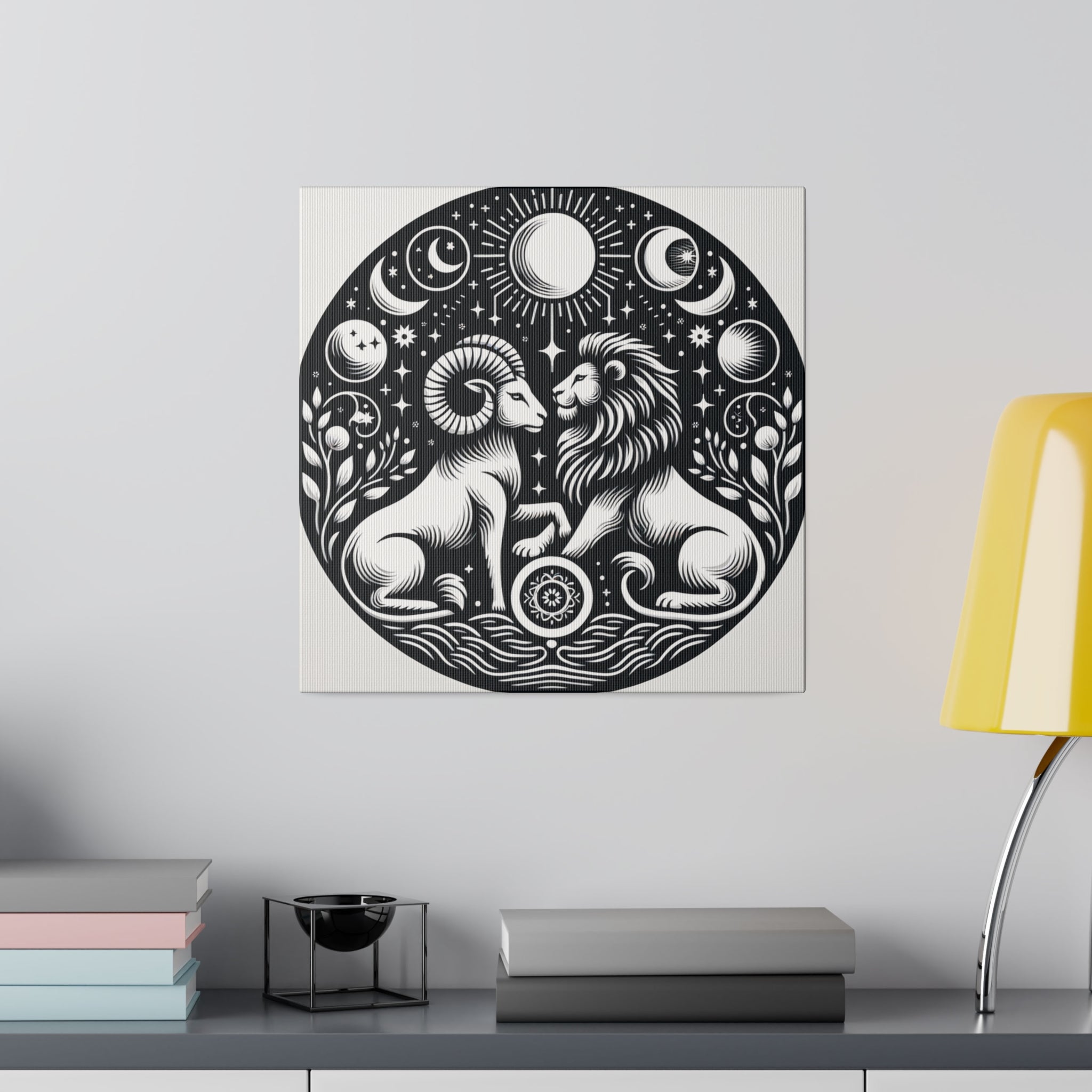 Celestial Harmony Lion and Ram Illustration Art on Matte Canvas - Stretched 0.75 Inch Frame